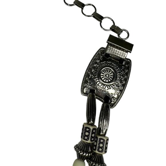 Vintage Western Beaded Medallion Concho Chain Belt Silver Tone Cream Festival